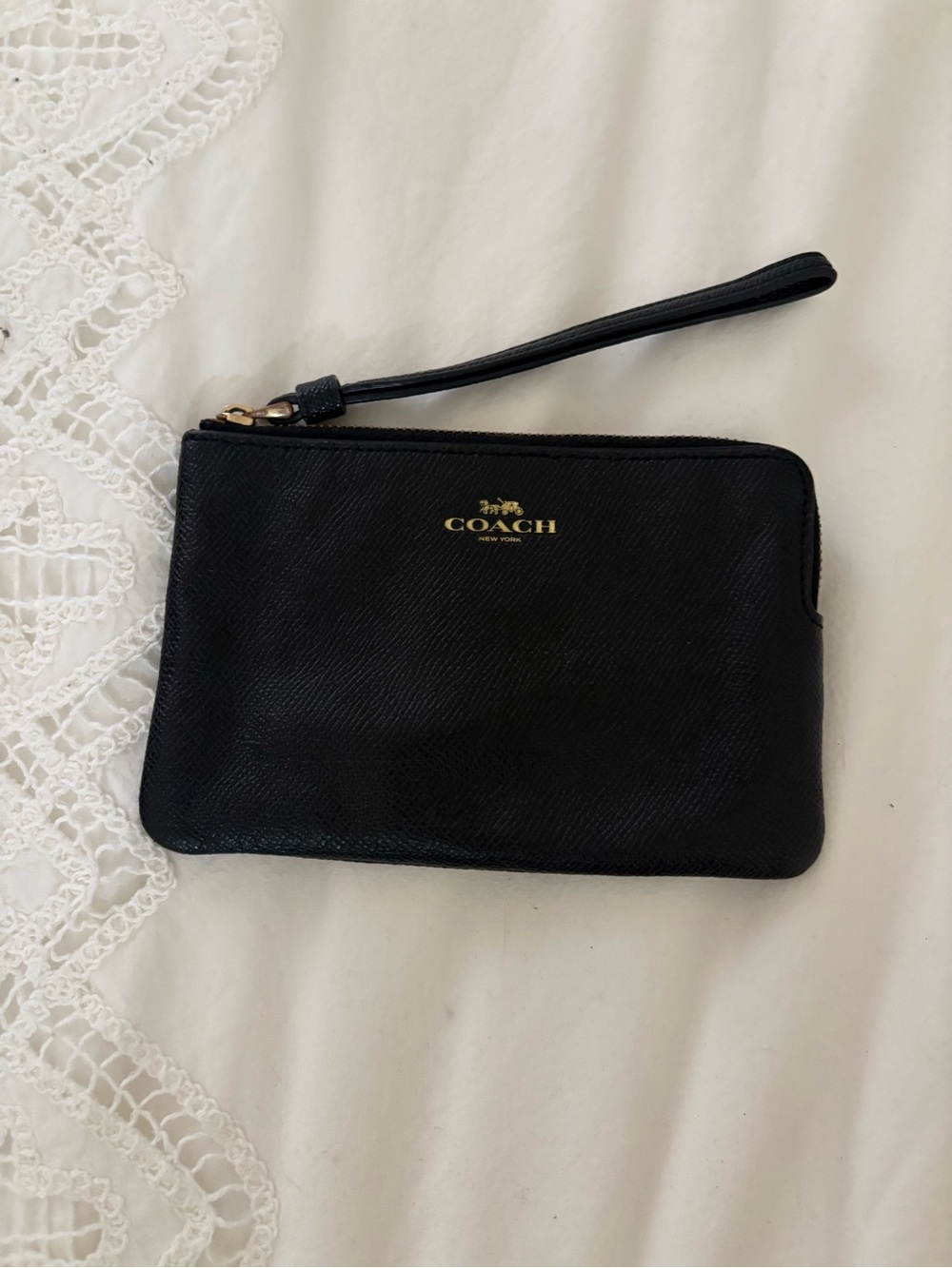 Coach Black Leather Zip Wristlet with Gold Logo